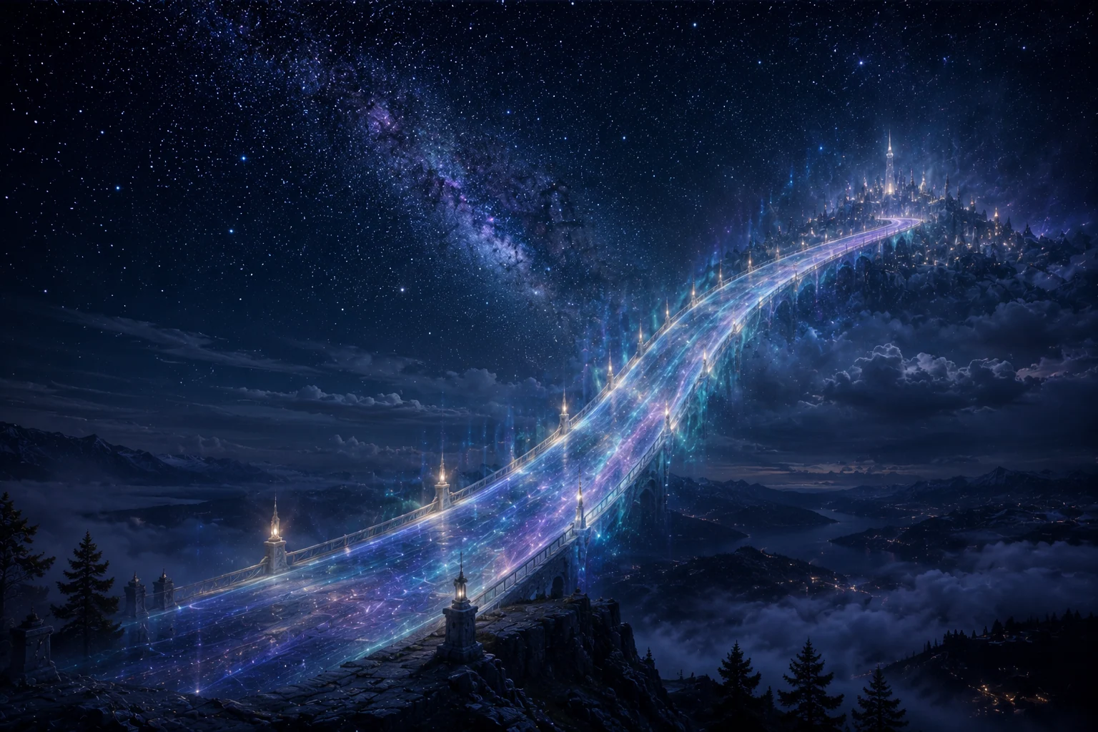 Luminous celestial bridge winding through a star-filled night sky above mountains